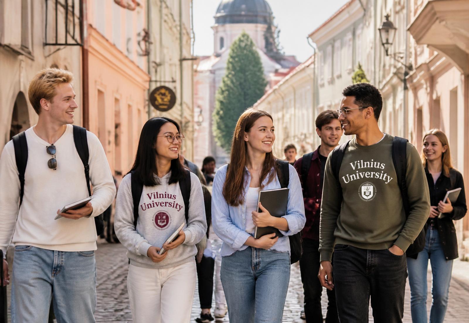 International students walking through the old town of Vilnius, Lithuania
